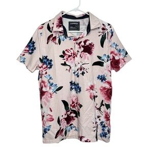 Express Men's Pink Floral Collared Short Sleeve Cotton Shirt Large